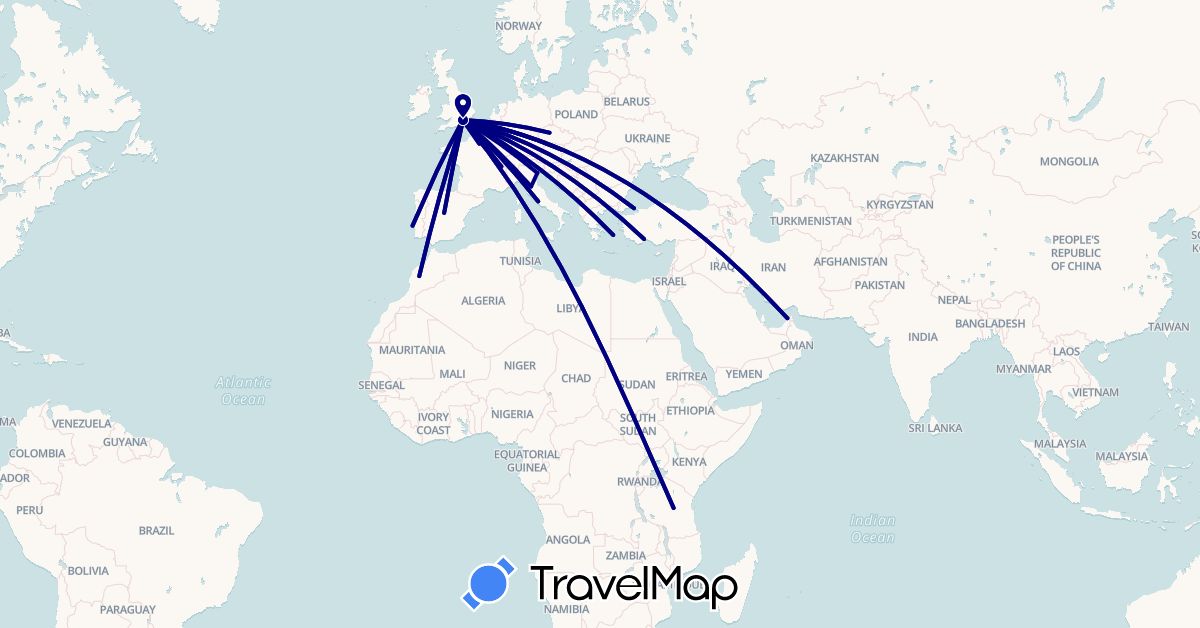TravelMap itinerary: driving in United Arab Emirates, Austria, Switzerland, Czech Republic, Spain, France, United Kingdom, Greece, Italy, Morocco, Portugal, Turkey, Tanzania (Africa, Asia, Europe)